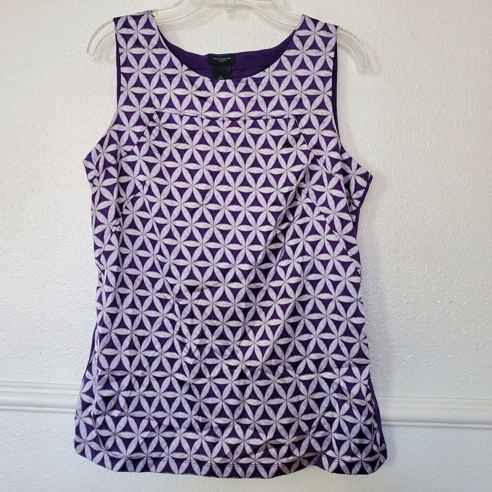 Ann Taylor Sleeveless Top Geometric Design, Purple Satin Womens Size XS - Picture 12 of 13